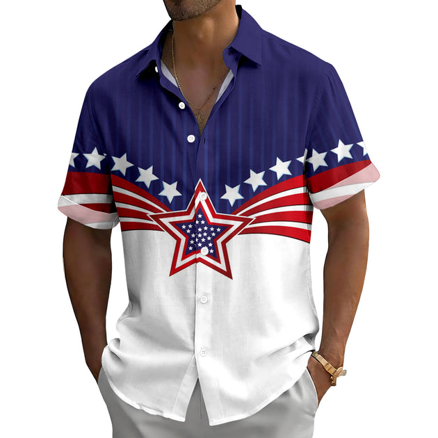 Patriotic Button Down Shirts for Men US Flag Short Sleeve Stars and Stripes Shirts Fashion Tops for Travel noble