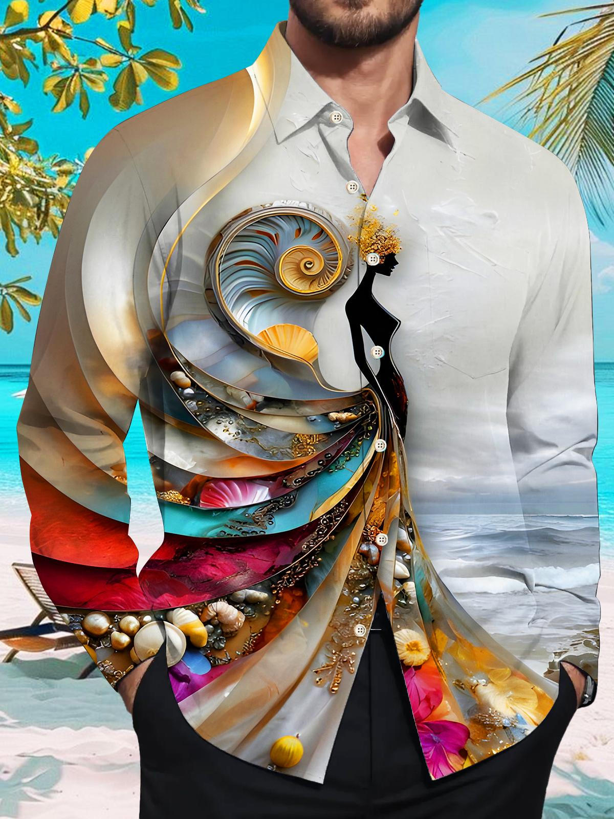 Art Shell-decorated Spiral Men's Pocket Long Sleeve Shirts