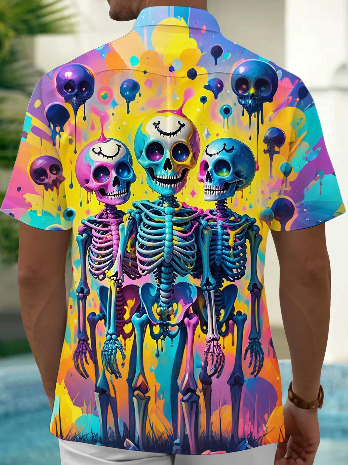 Skull Print Men's Pocket Short Sleeve Shirts
