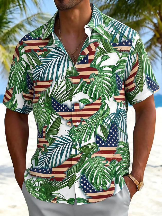 American Flag Leaf Print Men's Pocket Short Sleeve Shirts