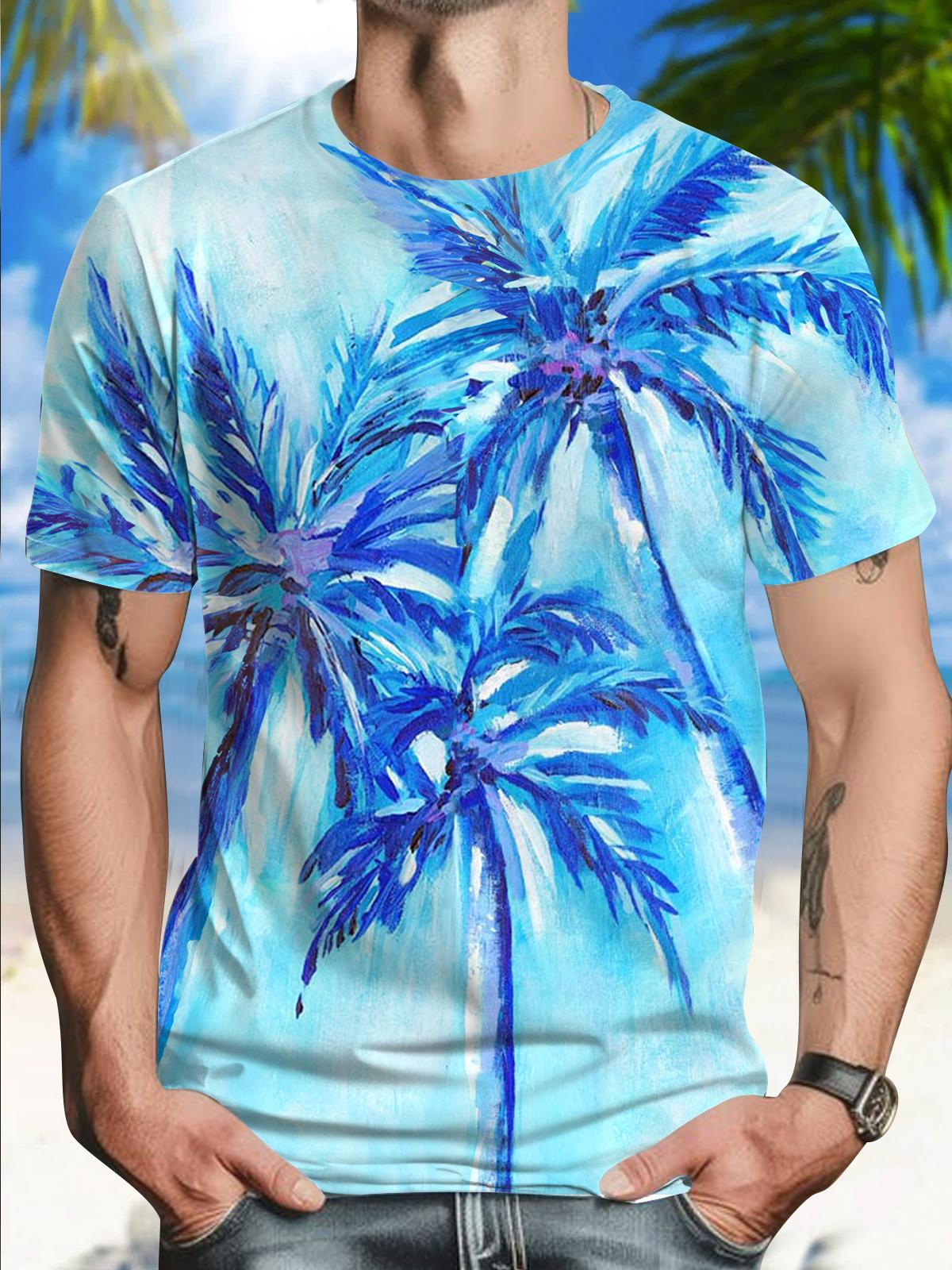 Hawaiian Palm Tree Print Round Neck Short Sleeve Men's T-shirt