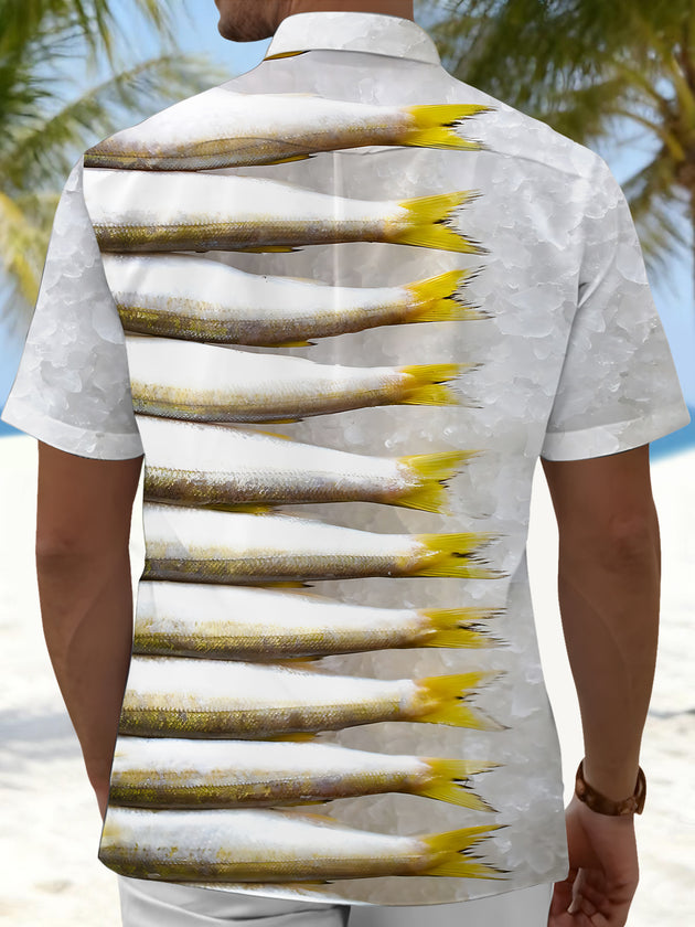 Men's blue fish print short sleeve shirt back view