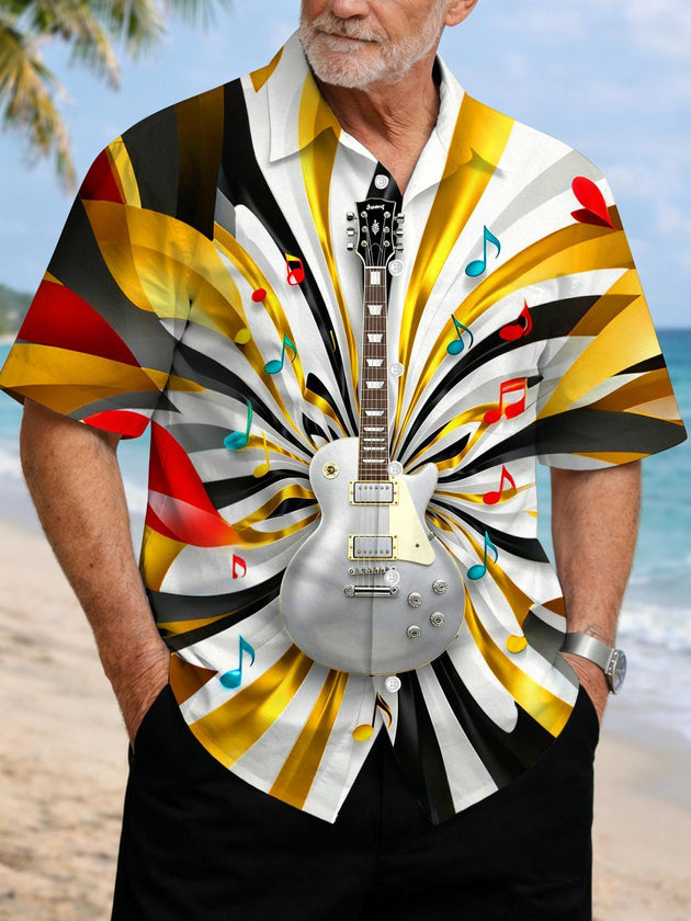 Men's Guitar and Music Note Art Short Sleeve Shirt Front View