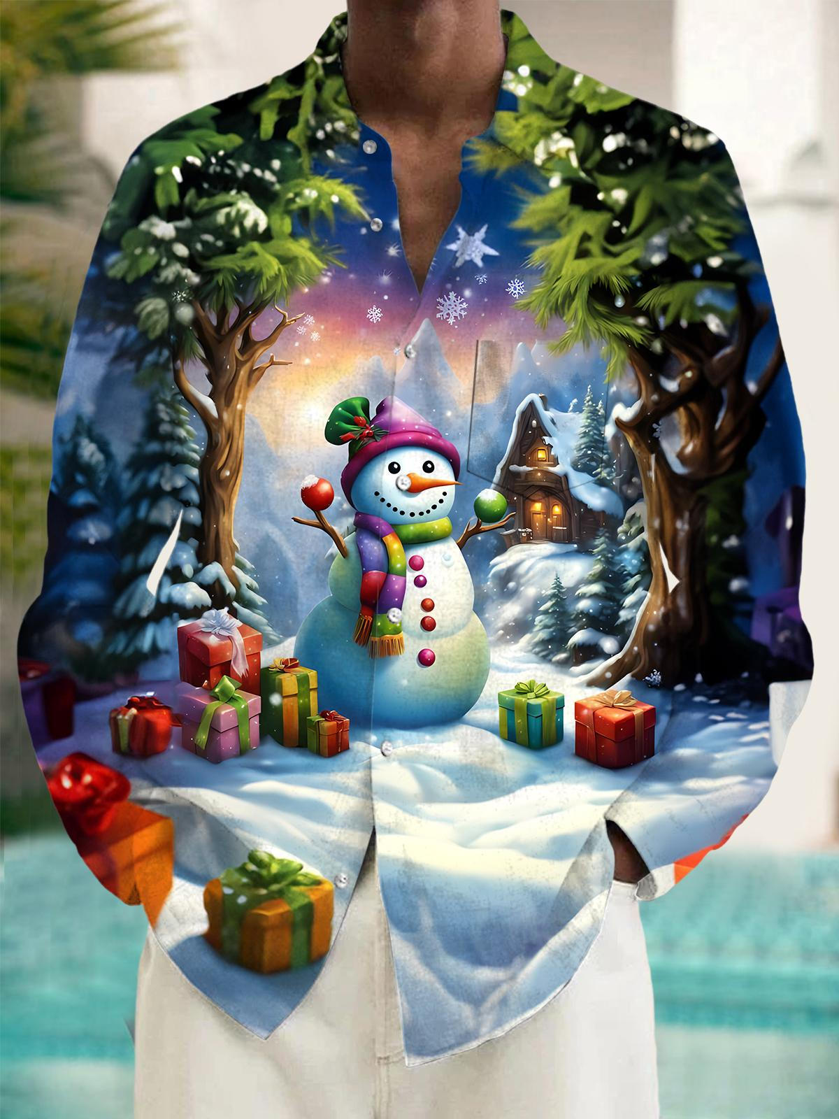 Christmas Snowman Men's Pocket Long Sleeve Shirts