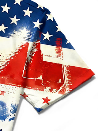 Men's American flag print short sleeve shirt close-up stitching detail
