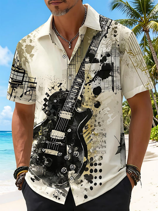 Retro Guitar Music Note Art Men's Pocket Short Sleeve Shirts