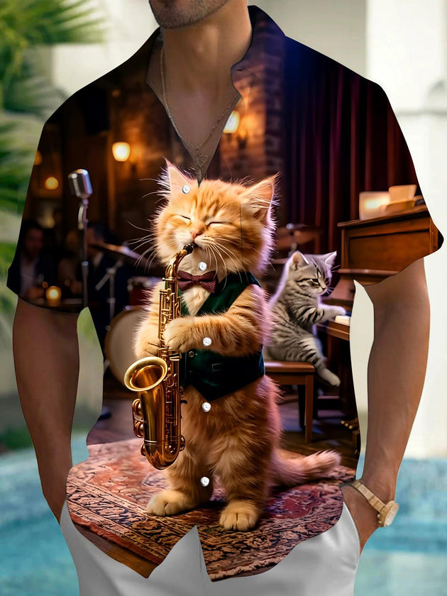 Funn Cat Saxophone Men's Pocket Short Sleeve Shirts