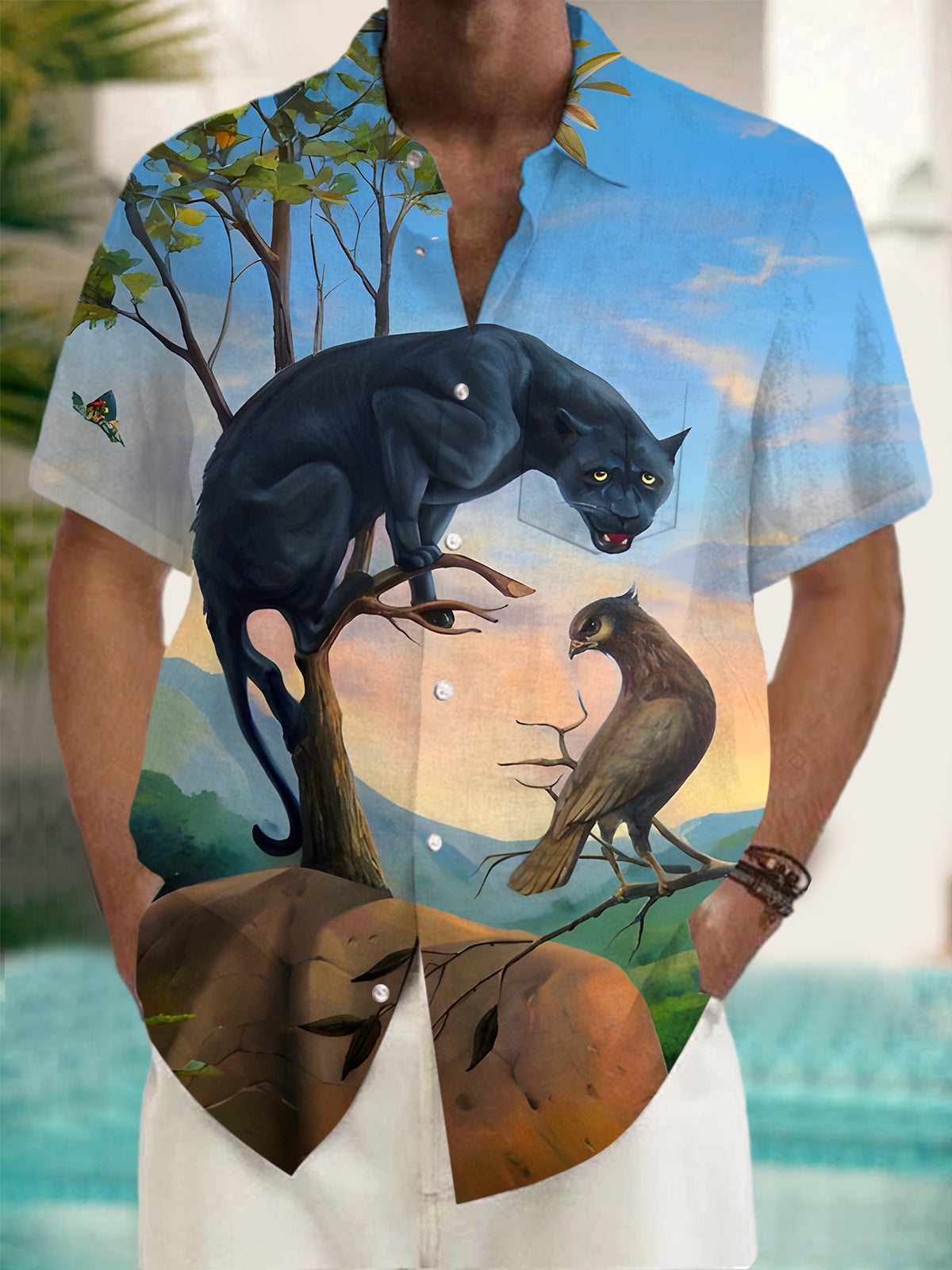 Fun Art Black Panther Eagle Bird Human Face Men's Pocket Short Sleeve Shirts