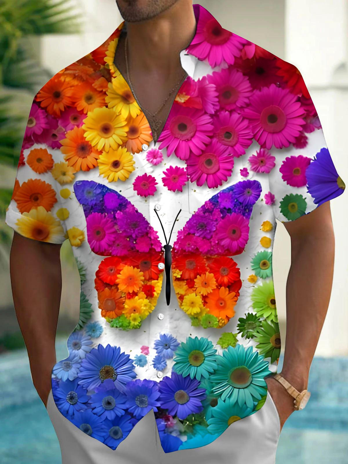 Butterfly Flower Print Men's Pocket Short Sleeve Shirts