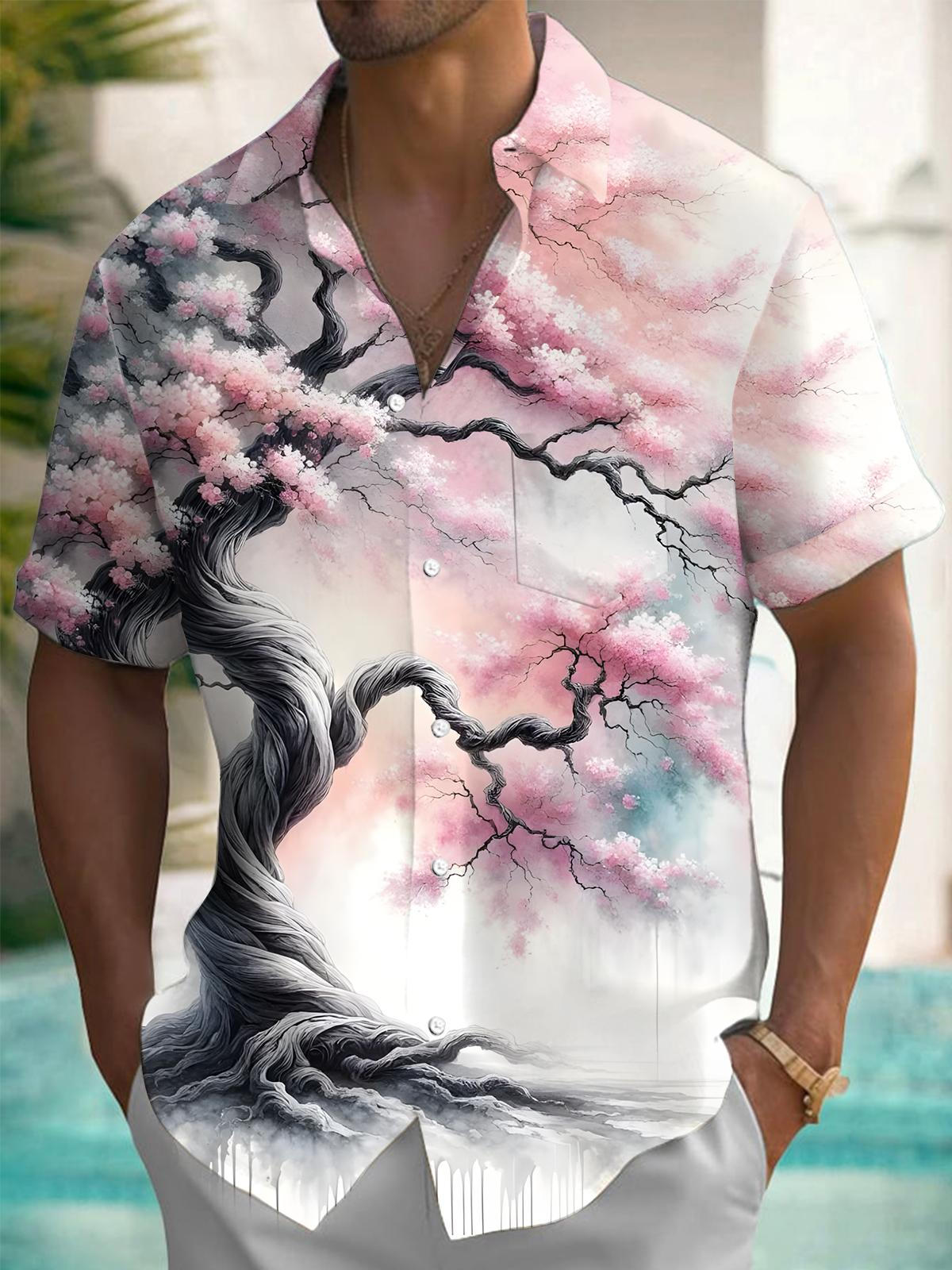 Tree Print Men's Pocket Short Sleeve Shirts