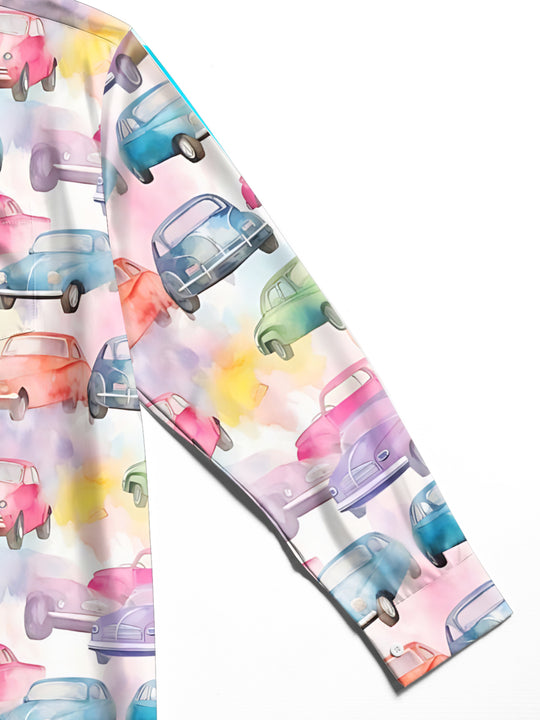 Men's long sleeve shirt with car print pocket detail close-up