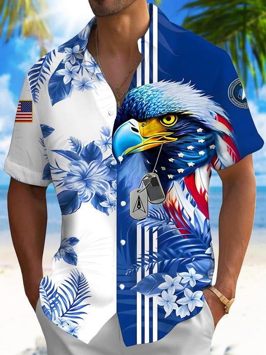 Men's blue floral eagle print short sleeve shirt front view for Independence Day