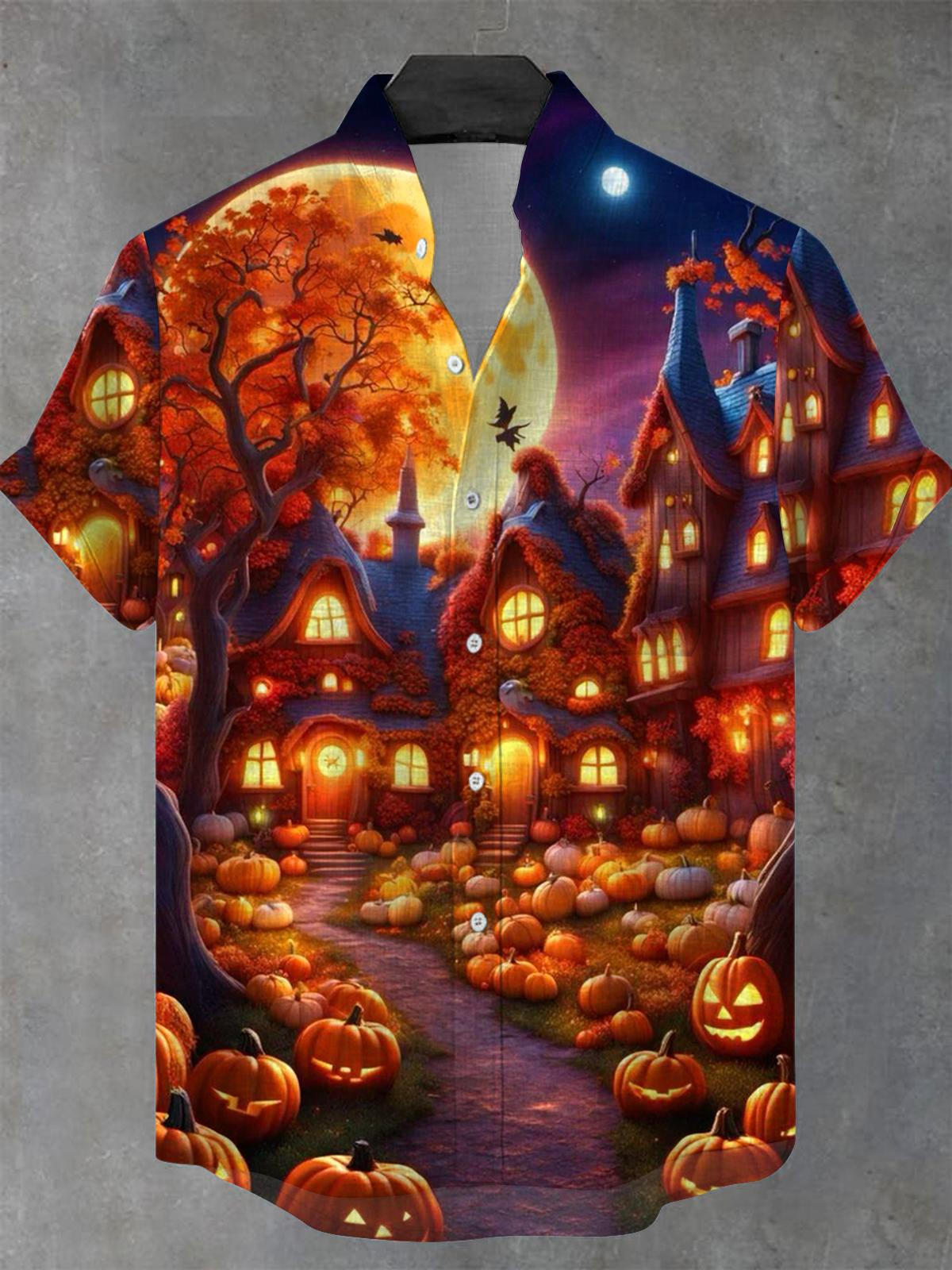 Halloween Pumpkin House Moon Men's Pocket Short Sleeve Stand Collar Shirts