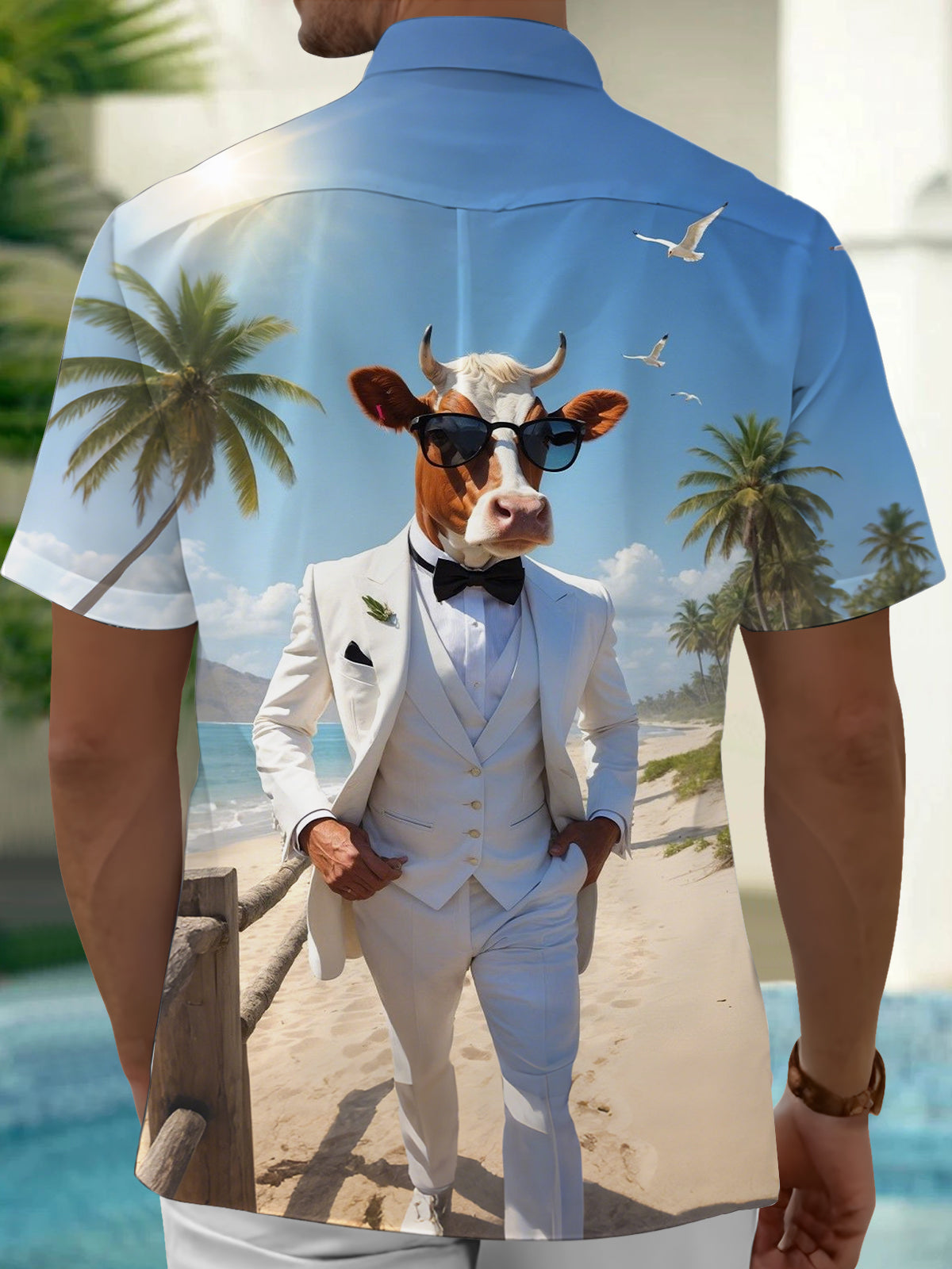 Hawaiian Beach Cow Print Men's Pocket Short Sleeve Shirts