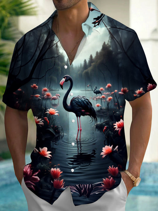 Men's short sleeve Hawaiian shirt front view for tropical beach vacation