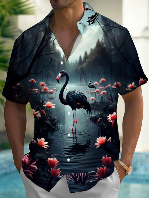 Men's short sleeve Hawaiian shirt front view for tropical beach vacation