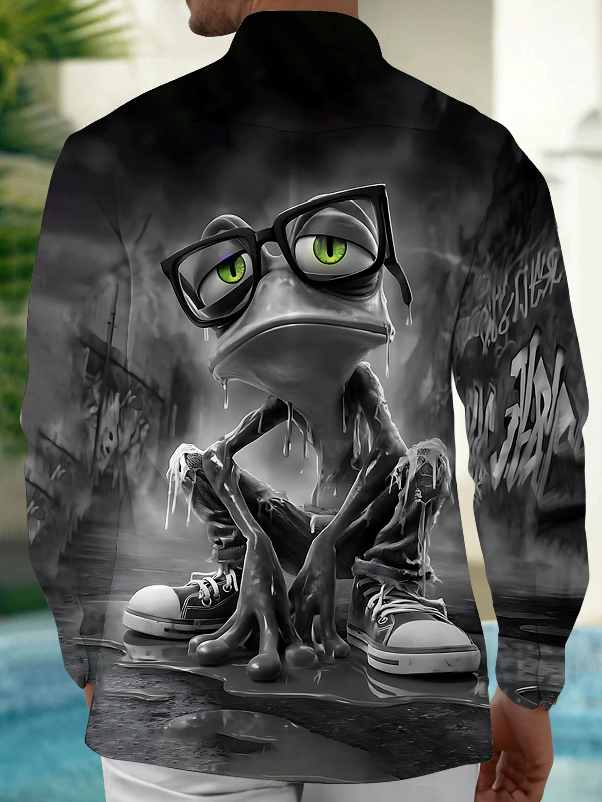 Frog Print Men's Pocket Long Sleeve Shirts