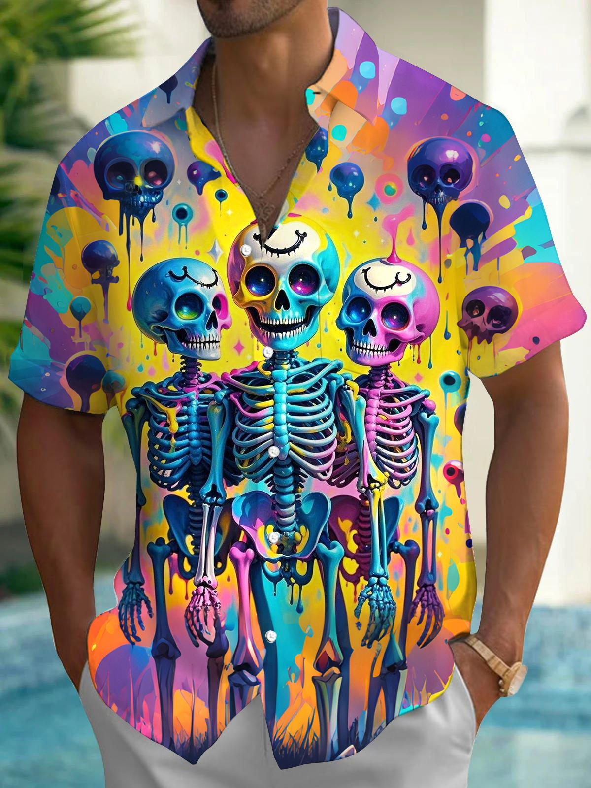 Skull Print Men's Pocket Short Sleeve Shirts