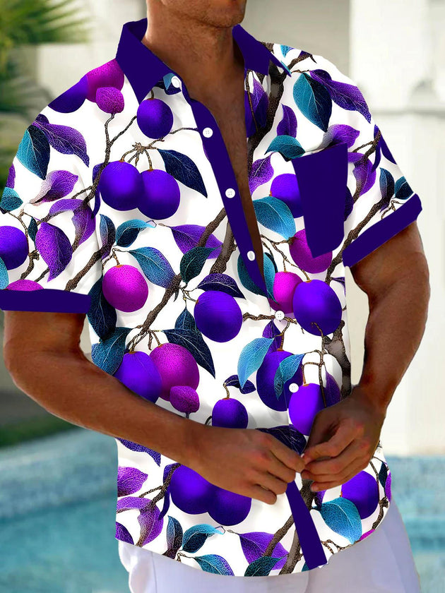 Men's Fruit Prune Hawaiian short sleeve shirt front view for tropical beach vacation