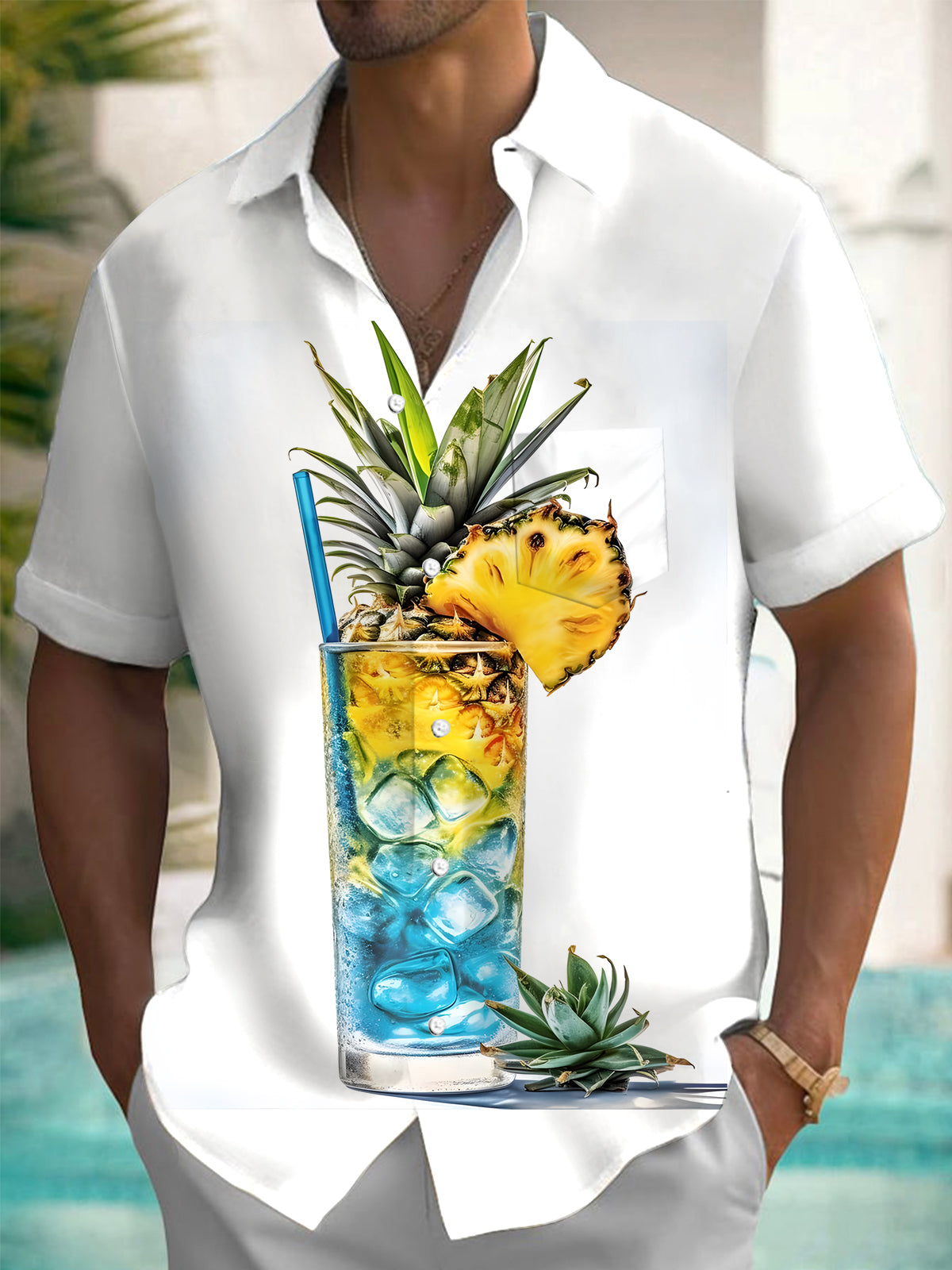 Hawaiian Pineapple Cocktail Print Men's Pocket Short Sleeve Shirts