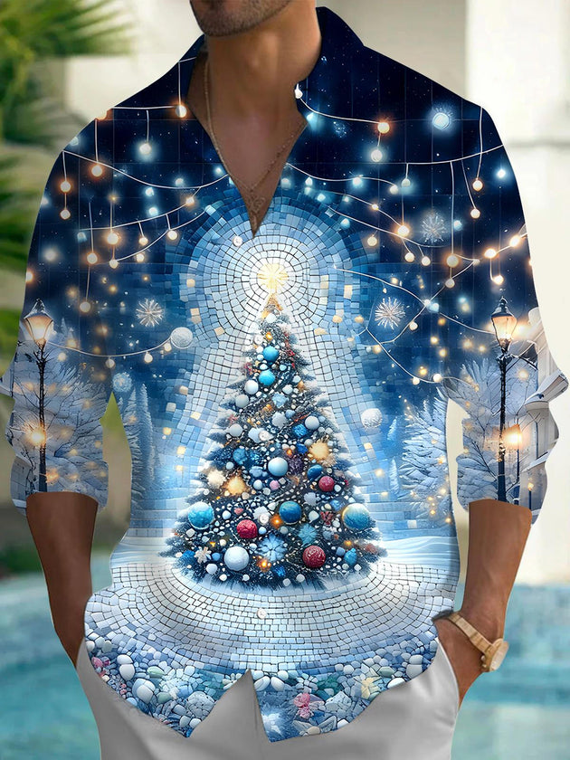 Men's Christmas tree pattern long sleeve shirt front view for Christmas holiday party
