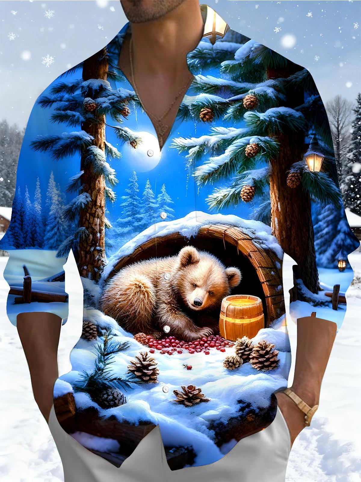 Winter Forest Bear Men's Pocket Long Sleeve Shirts