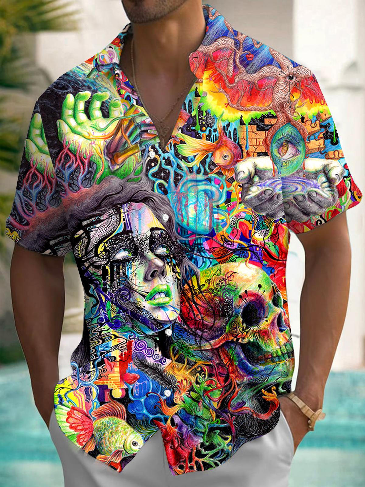 Abstract Art Print Men's Pocket Short Sleeve Shirts