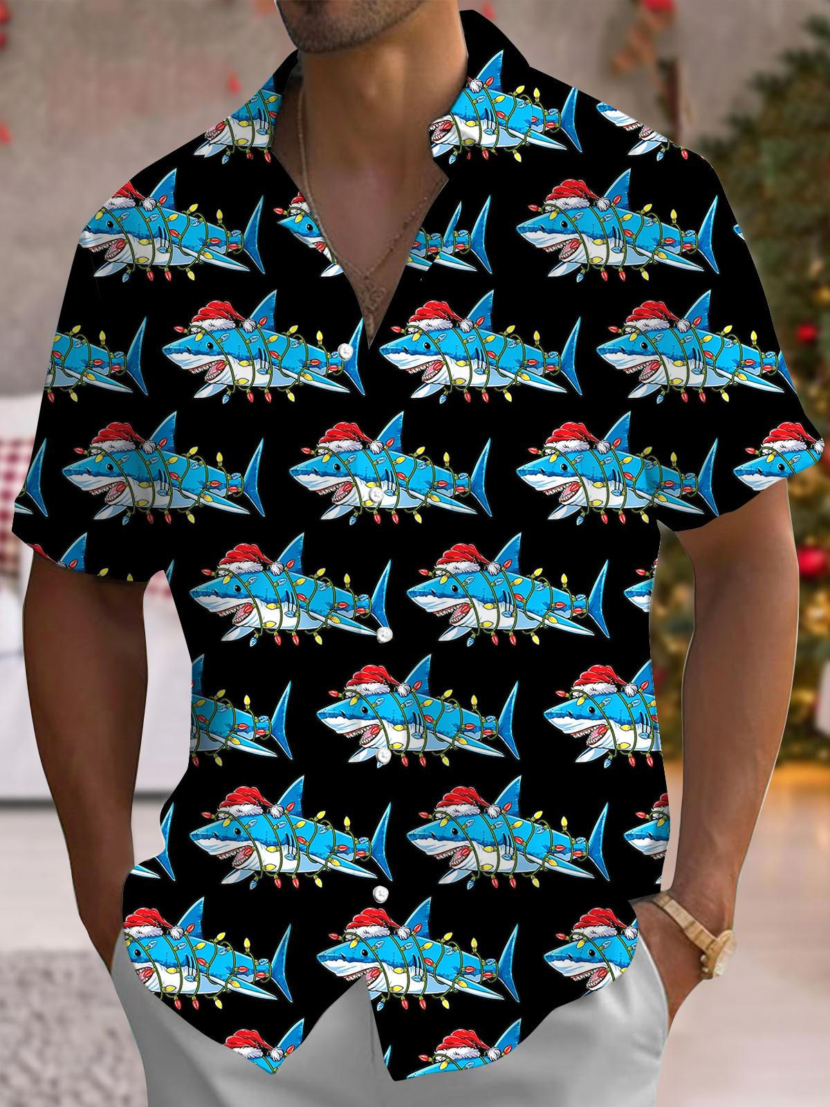 Christmas Shark Print Men's Pocket Short Sleeve Shirts