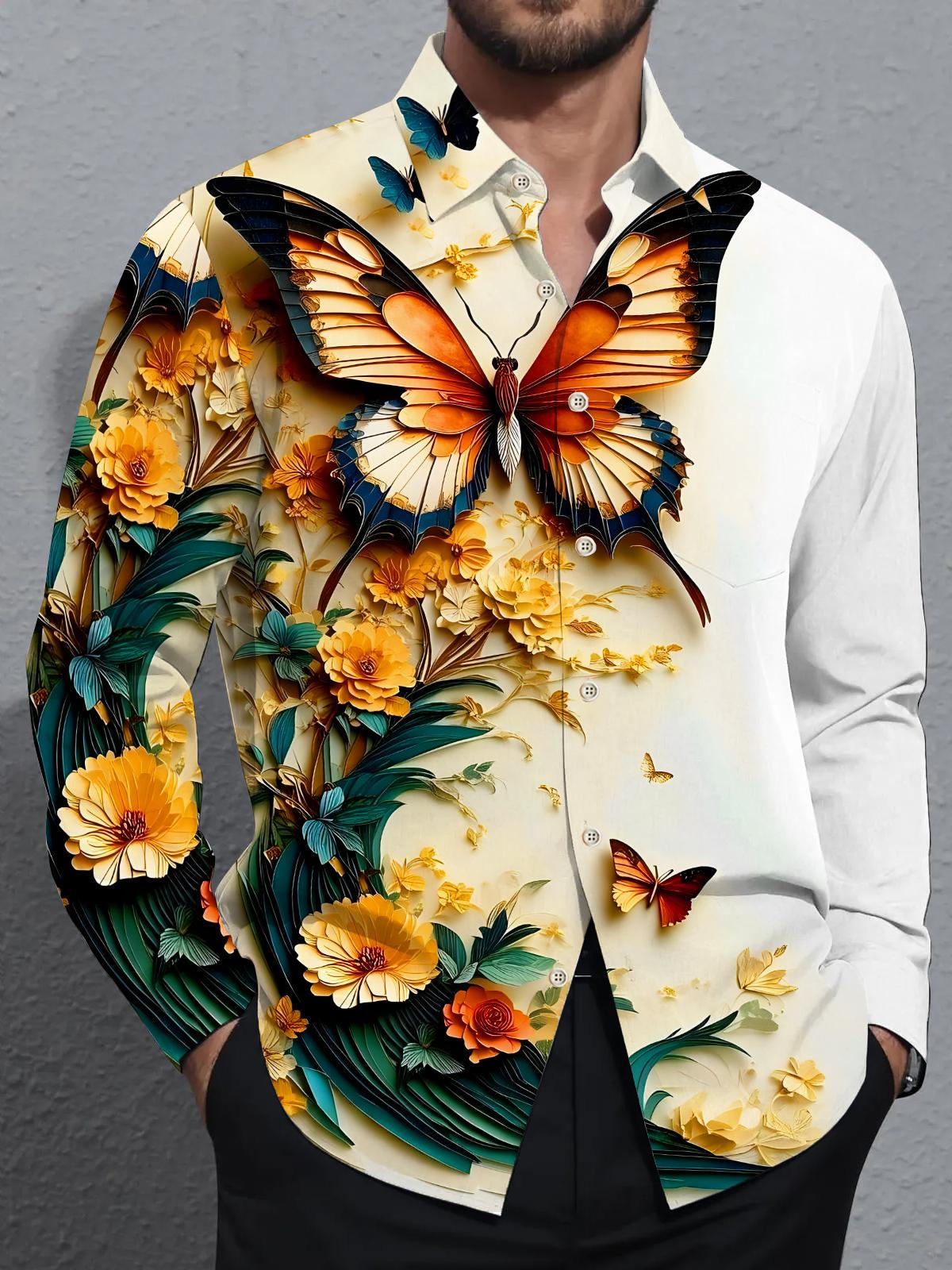 Butterfly Floral Art Relief Men's Pocket Long Sleeve Shirts