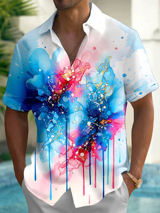 Art Watercolor Fluid Gradient Tie-Dye Men's Pocket Short Sleeve Shirts