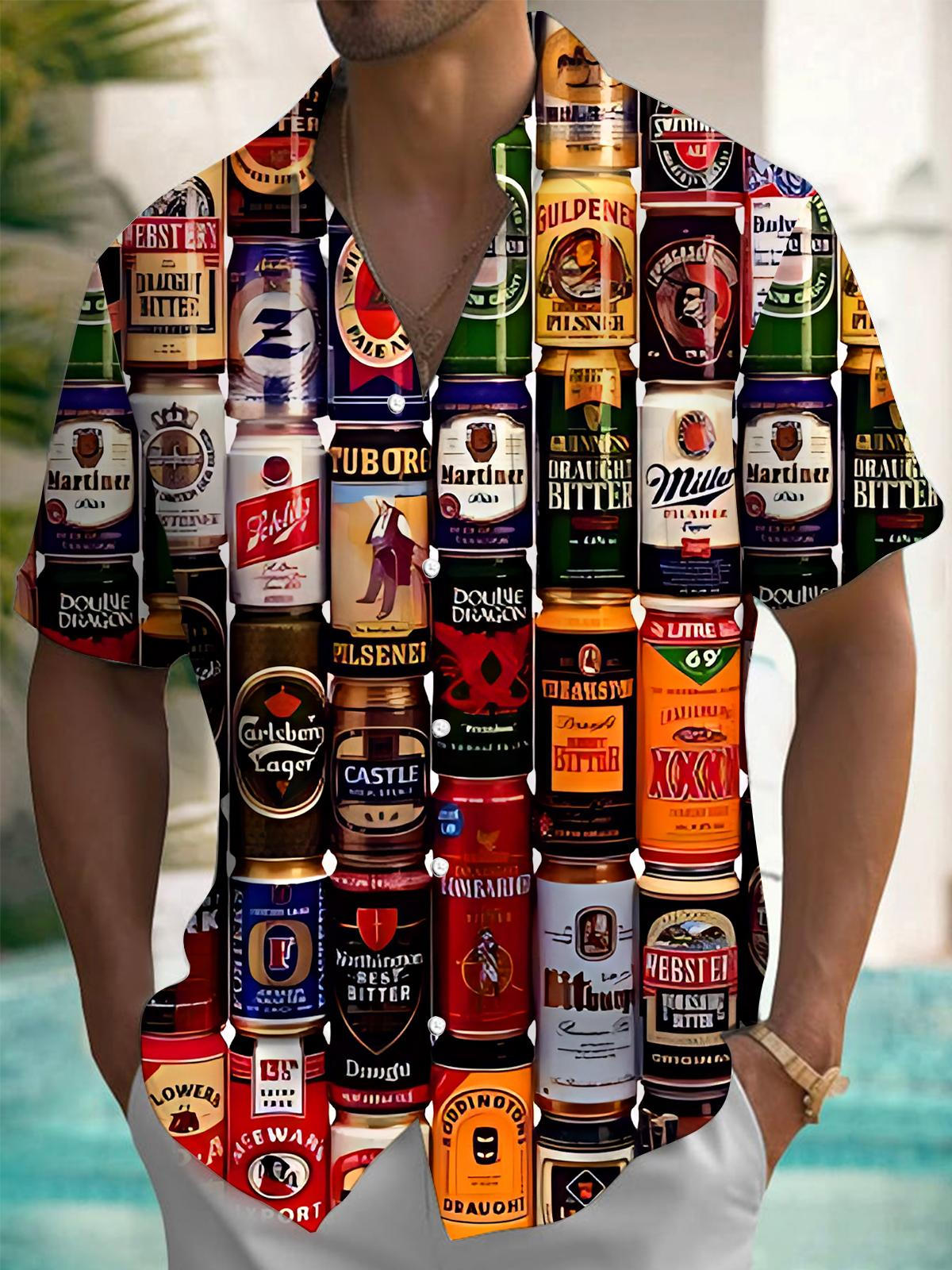 Beer Print Men's Pocket Short Sleeve Shirts
