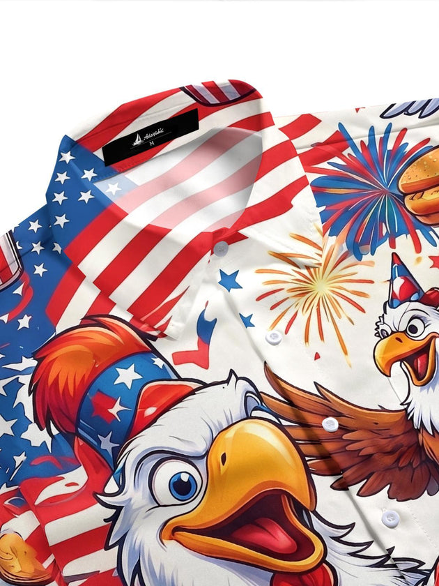 Fun Independence Day Cartoon Eagle With Hot Dogs & Burgers Men's Pocket Short Sleeve Shirts