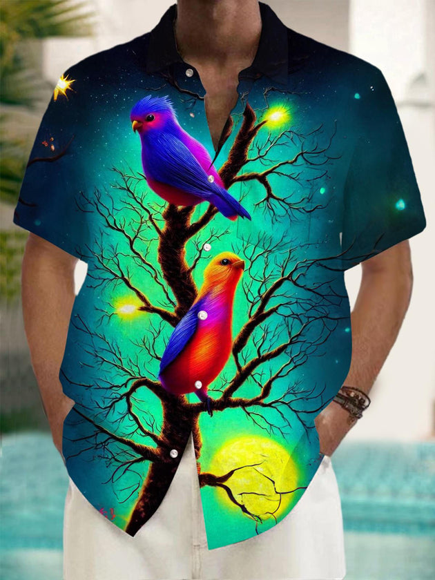 Men's bird print pocket short sleeve shirt front view