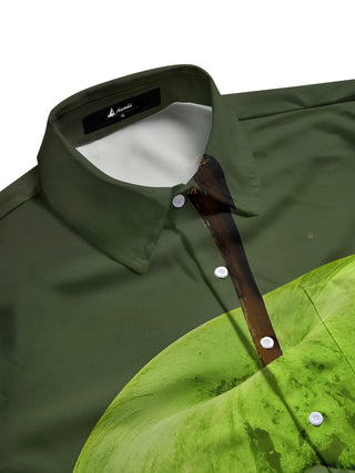 Men's apple print short sleeve shirt side view with half sleeve pocket design