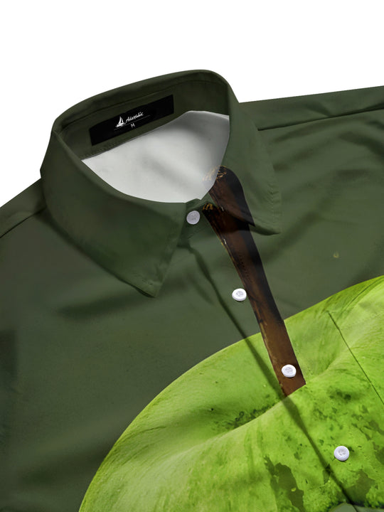 Men's apple print short sleeve shirt side view with half sleeve pocket design