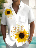 Sunflower Dragonfly Print Men's Pocket Short Sleeve Shirts