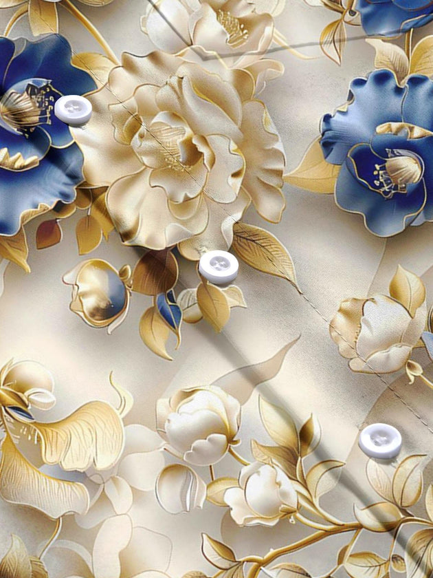 Men's floral short sleeve shirt close-up detail view