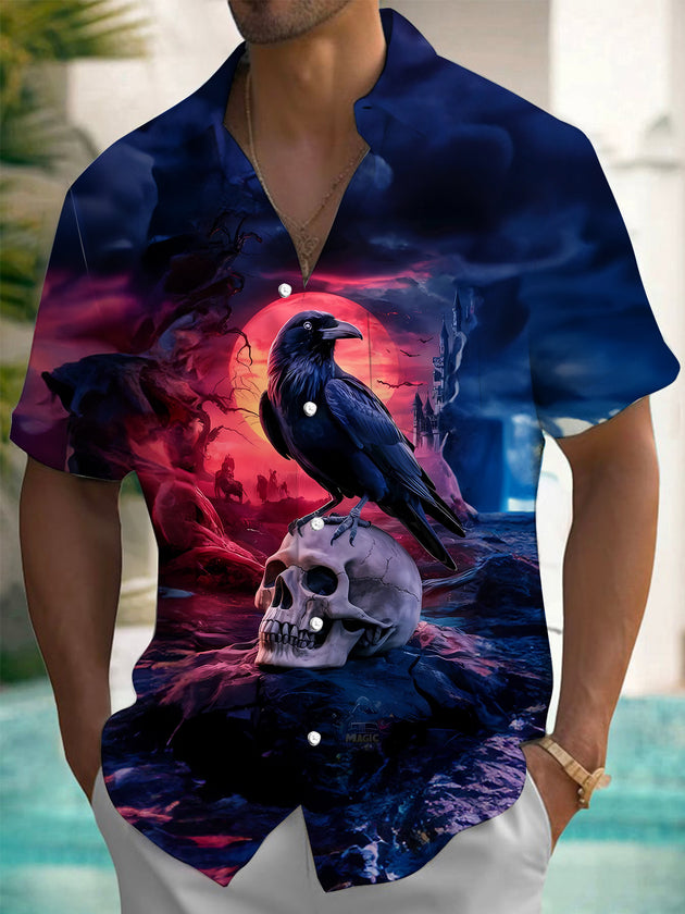 Men's skull print short sleeve shirt front view Halloween costume