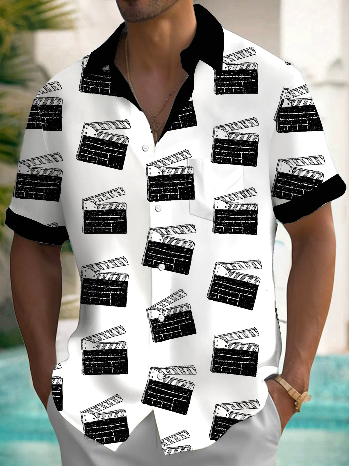 Movie Clapperboard Print Men's Pocket Short Sleeve Shirts