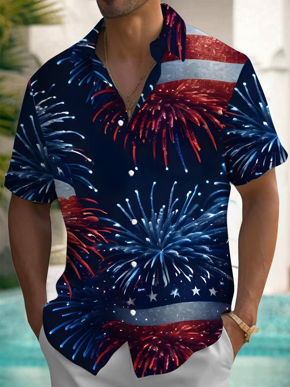 American Flag Fireworks Men's Pocket Short Sleeve Shirts