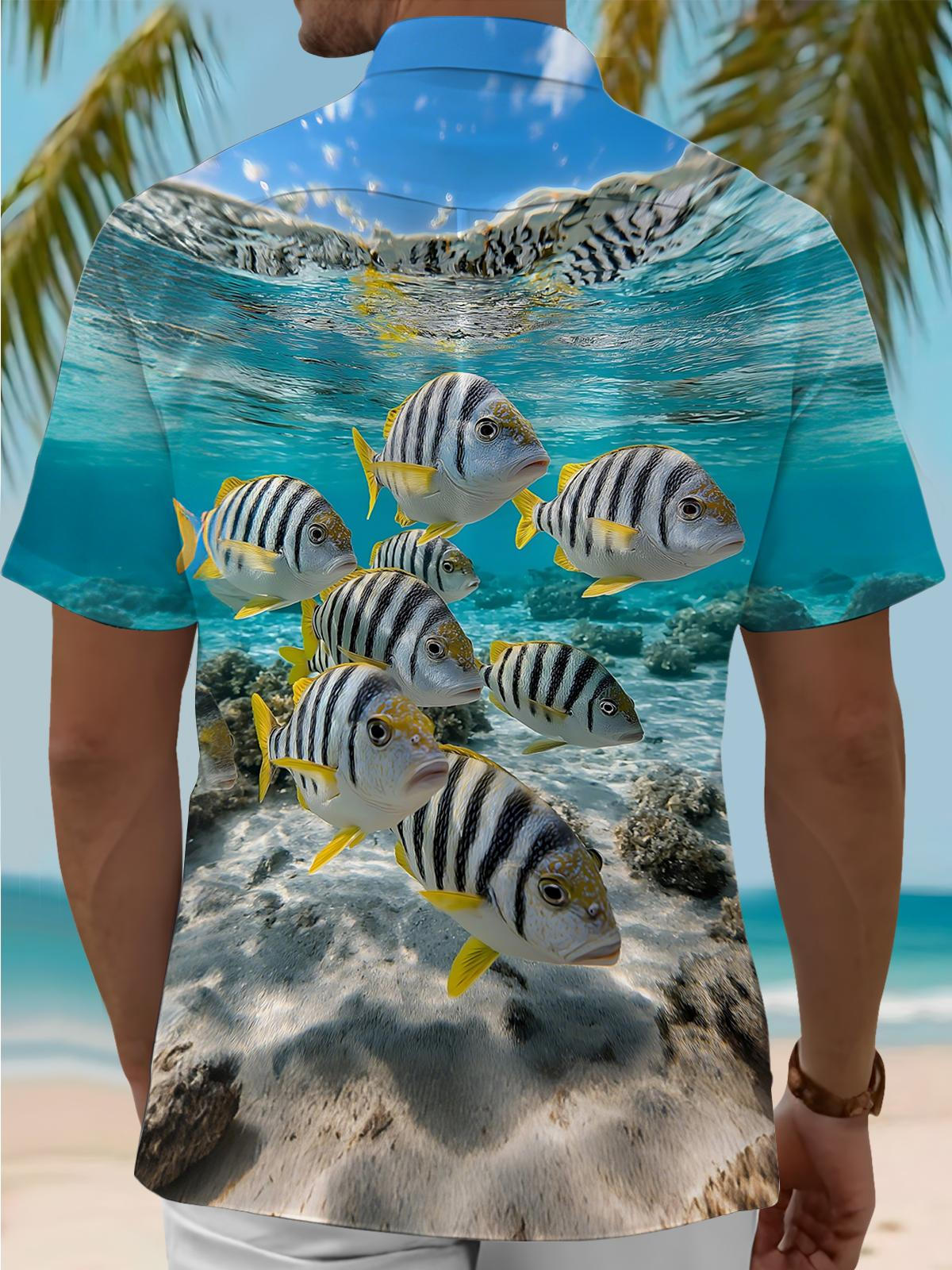 Marine Fish Print Men's Pocket Short Sleeve Shirts