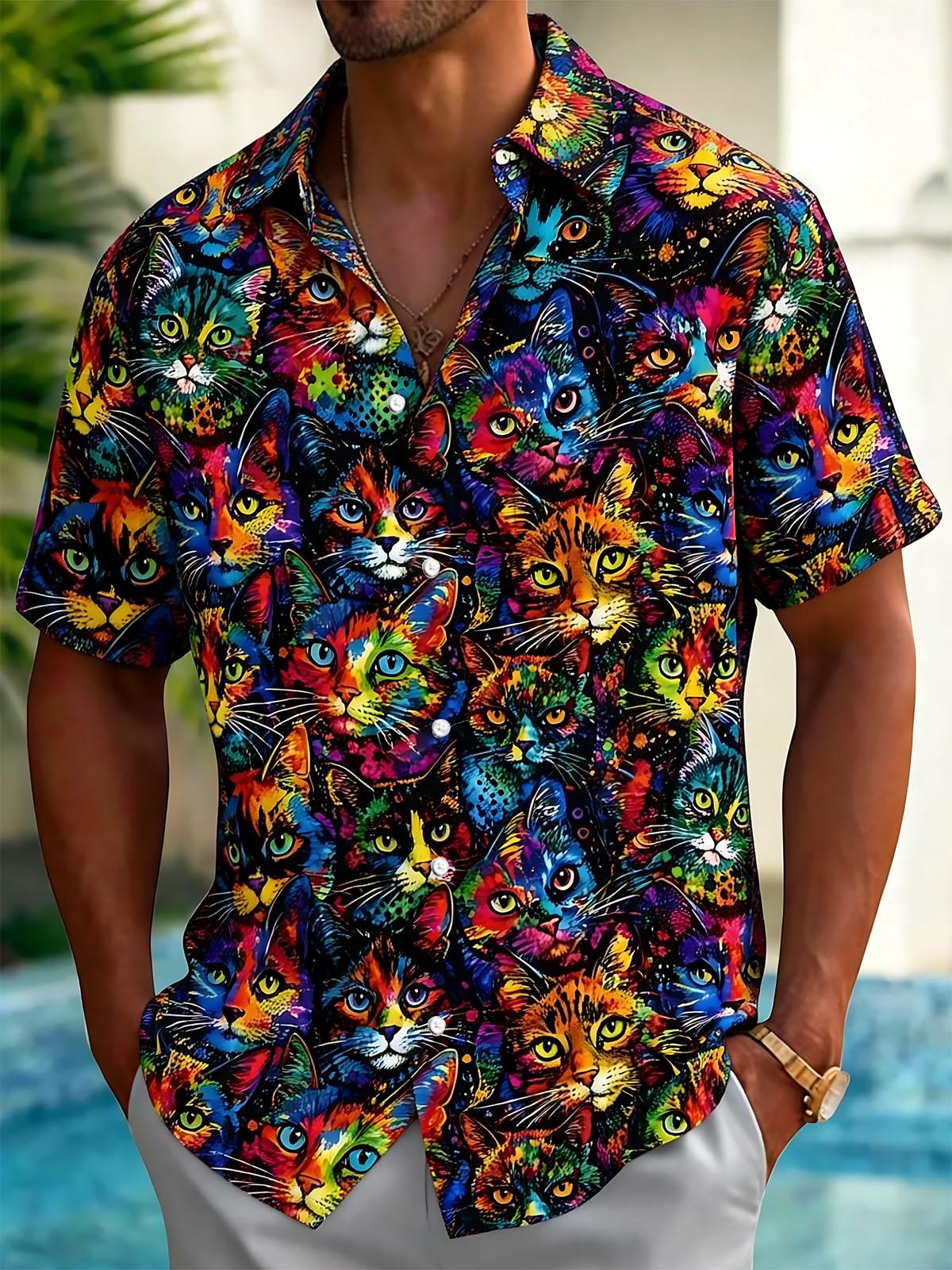 Cat Print Men's Pocket Short Sleeve Shirts