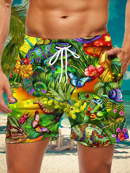 Men's animal floral butterfly print casual shorts front view