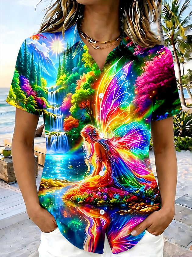 Colorful Elf Butterfly Flower Fairy Mountain Forest Waterfall Women's Short Sleeve Shirts