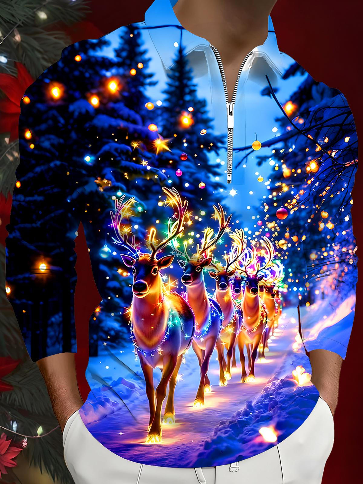 Christmas Deer Men's Long Sleeve Zipper Polo
