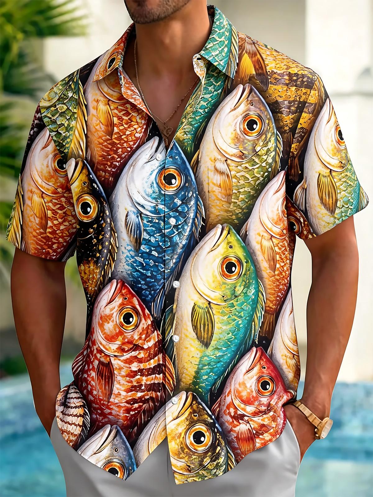Fish Print Men's Pocket Short Sleeve Shirts
