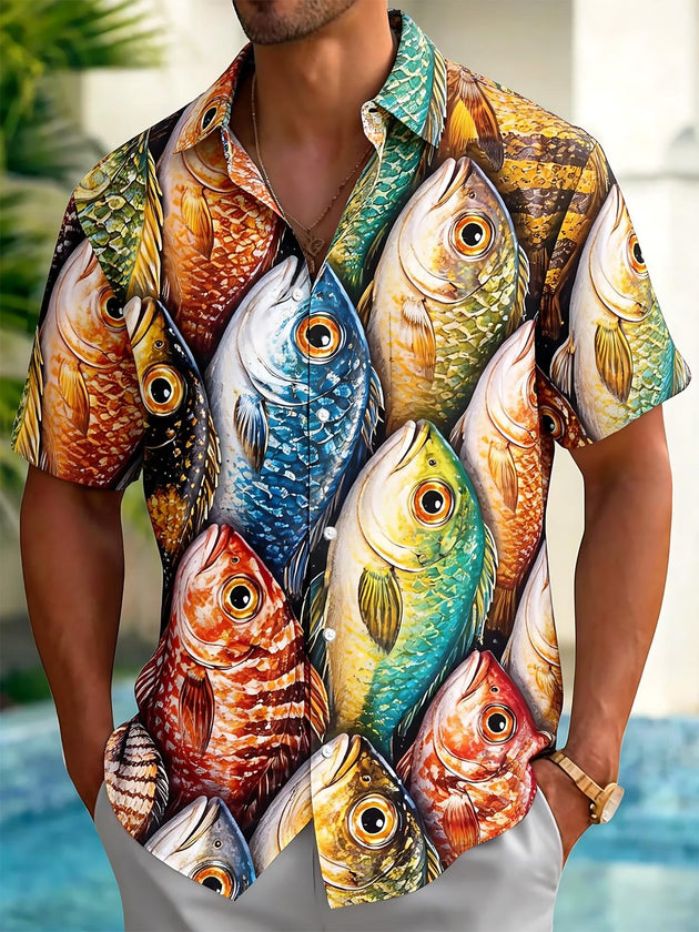 Fish Print Men's Pocket Short Sleeve Shirts