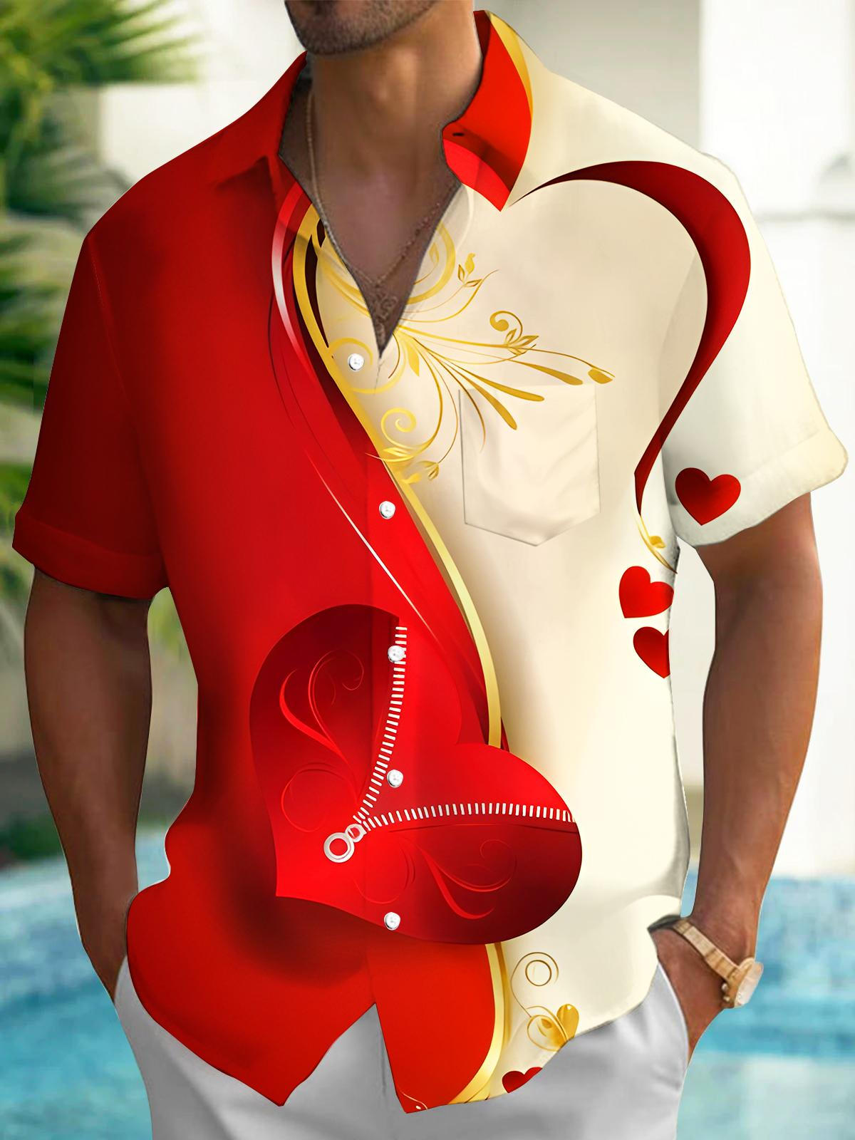 Fun Zipper Heart Color Block Men's Pocket Short Sleeve Shirts