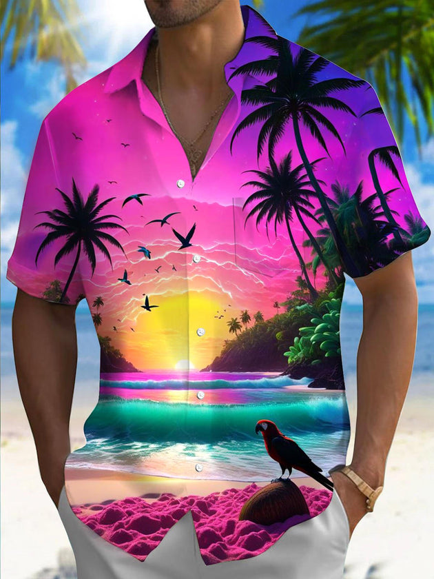 Men's Hawaiian parrot palm tree print pocket short sleeve shirt front view for beach vacation