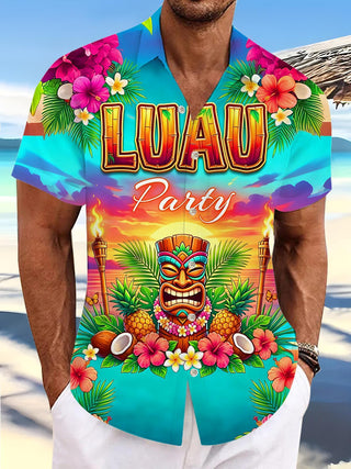 Hawaiian Luau Party Tiki Totem Hibiscus Flower Men's Pocket Short Sleeve Shirts
